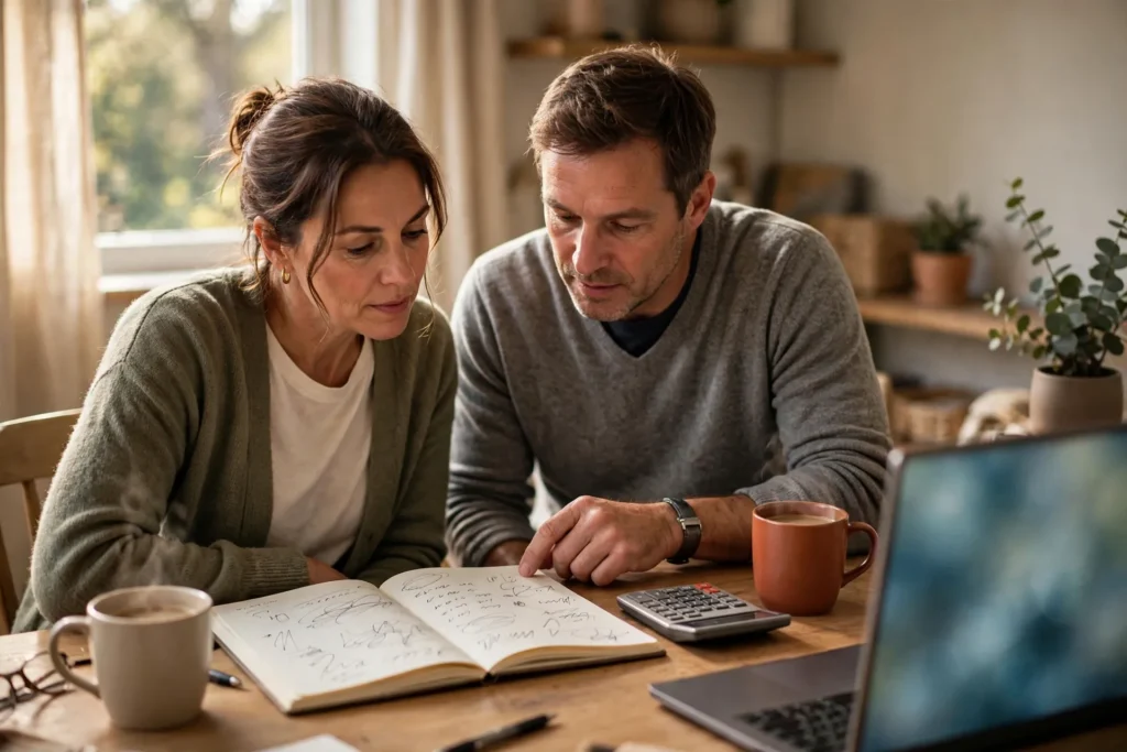 Photo of a couple at a home desk with an open notebook, a calculator and coffee mugs, comparing payment amounts beside a laptop with a blurred abstract screen