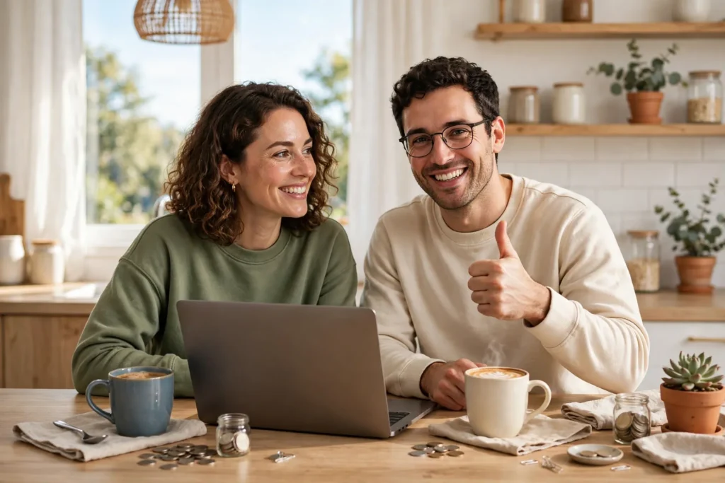 Photo of a cheerful couple at their kitchen counter with a laptop and coffee mugs doing a quick money routine one partner giving a thumbs up with small coin jars nearby