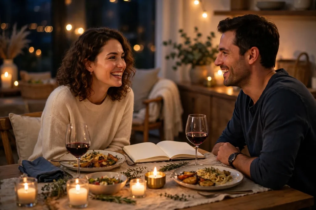 Photo of a smiling couple enjoying a candlelit date night dinner at home with an open notebook resting on the table between them