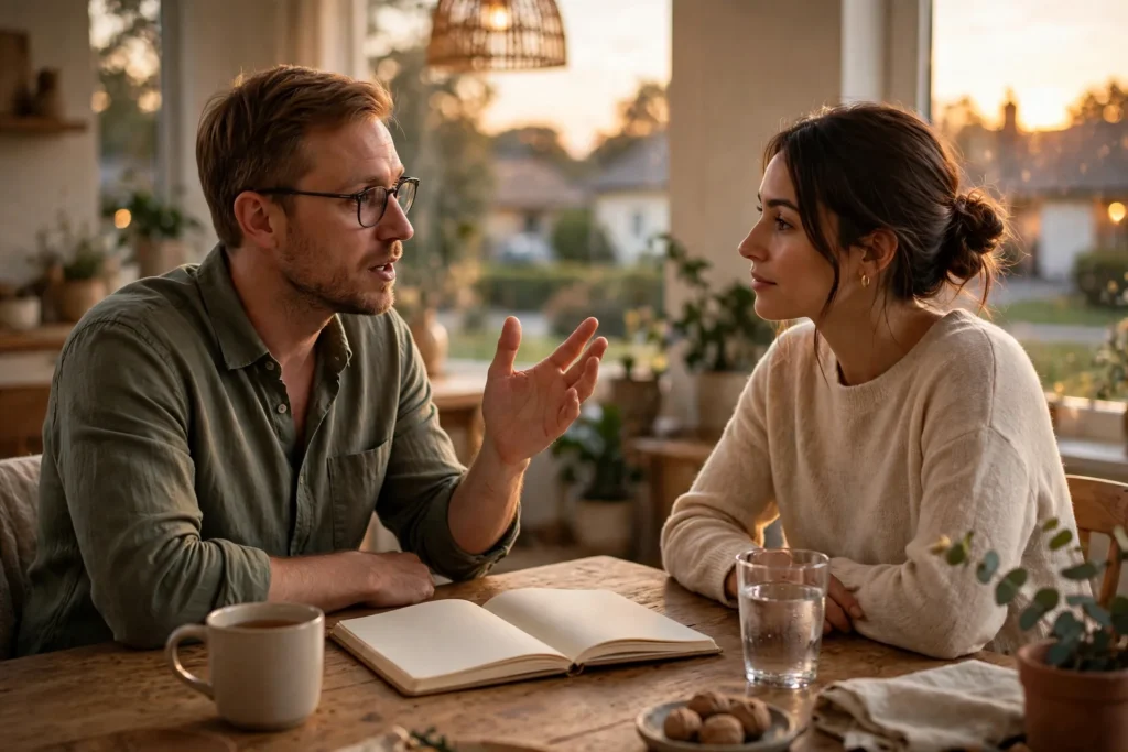 Photo of a couple at their dining table in warm evening light having a calm earnest conversation about money with a notebook between them