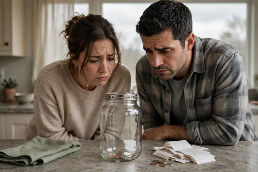 Photo of a couple leaning over their kitchen counter looking disappointed at a nearly empty glass savings jar with a small pile of receipts beside it