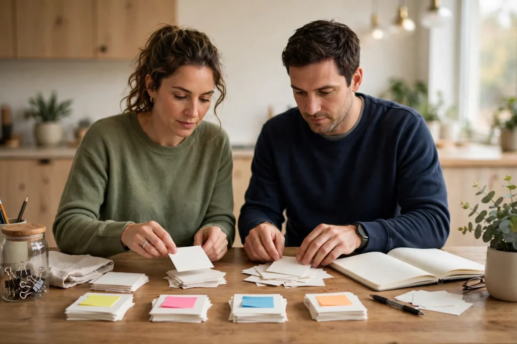 Photo of a couple at their kitchen table sorting plain blank cards into small piles each marked with a different colored sticky note with a notebook beside them