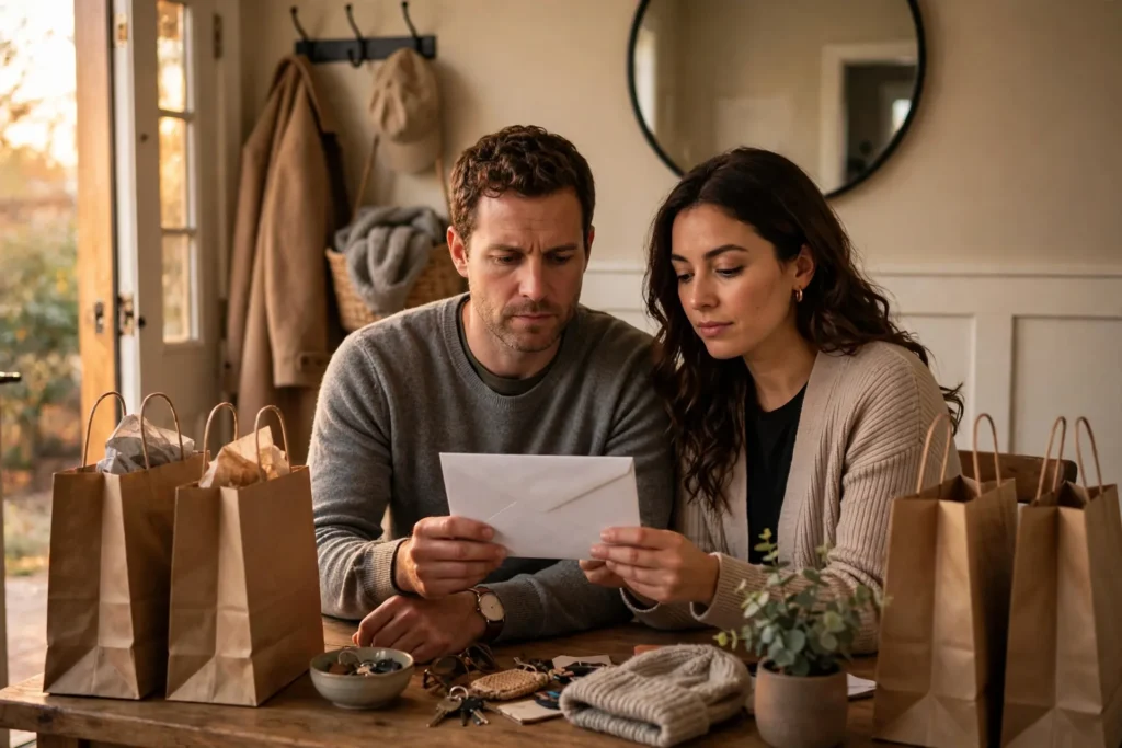 Photo of a couple at their entryway table with shopping bags beside them reading a plain unmarked offer envelope together before deciding