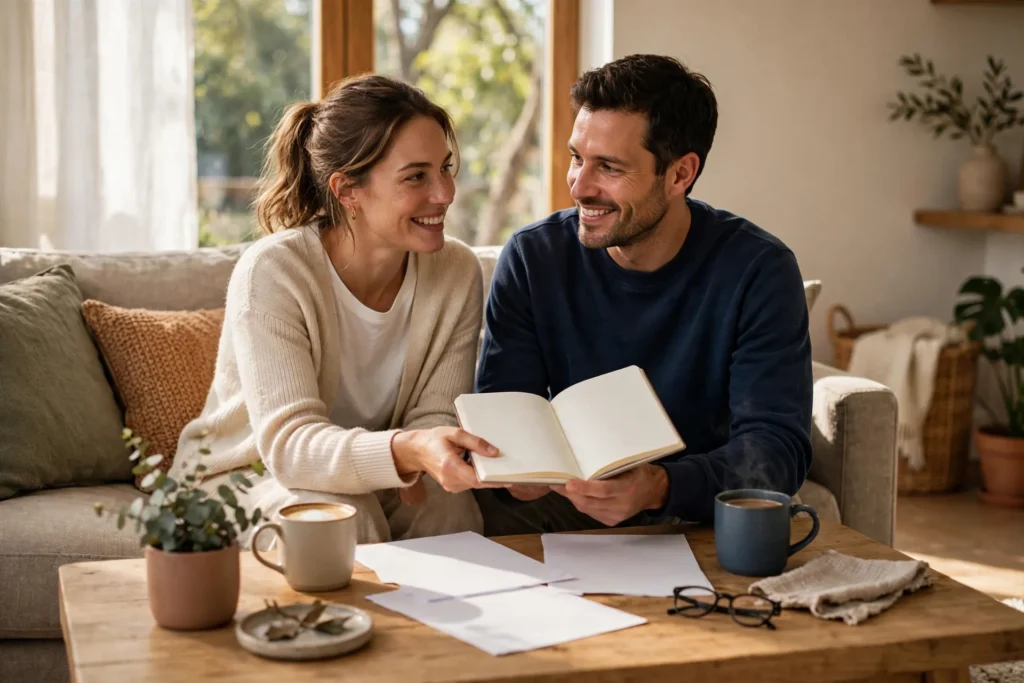 Photo of a smiling couple on their living room couch as one partner hands an open blank notebook to the other with plain papers and two coffee mugs on the table in front of them